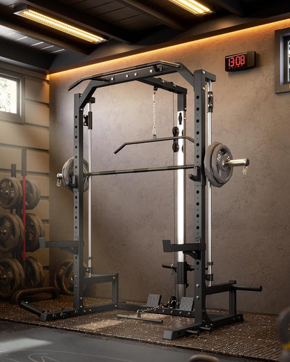 Smith Machine Home Gym with Barbell Bar, Cable System, LAT Pulldown Attachments, Safety Spotter Arms, J Hooks, Landmine, Multi-Functional Squat Rack for Full Body Strength Training