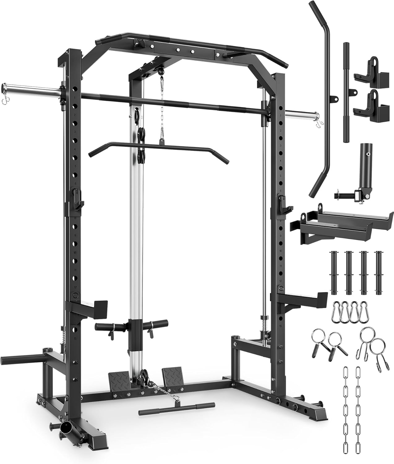 Smith Machine Home Gym with Barbell Bar, Cable System, LAT Pulldown Attachments, Safety Spotter Arms, J Hooks, Landmine, Multi-Functional Squat Rack for Full Body Strength Training