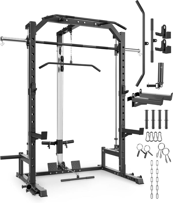 Smith Machine Home Gym with Barbell Bar, Cable System, LAT Pulldown Attachments, Safety Spotter Arms, J Hooks, Landmine, Multi-Functional Squat Rack for Full Body Strength Training