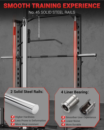 Smith Machine Home Gym with Barbell Bar, Cable System, LAT Pulldown Attachments, Safety Spotter Arms, J Hooks, Landmine, Multi-Functional Squat Rack for Full Body Strength Training
