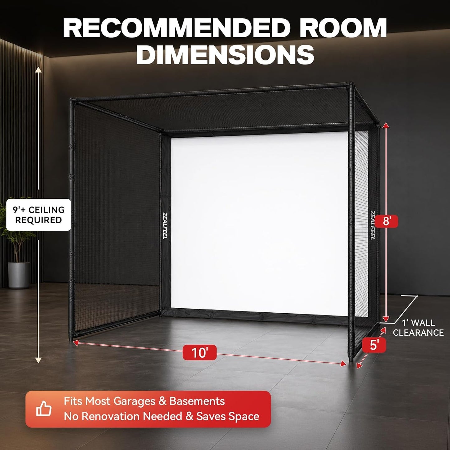 Golf Simulator Enclosure, 10X8Ft Golf Hitting Net Cage with HD Impact Screen & Foam Padding, Indoor Golf Practice Net for Home Garage
