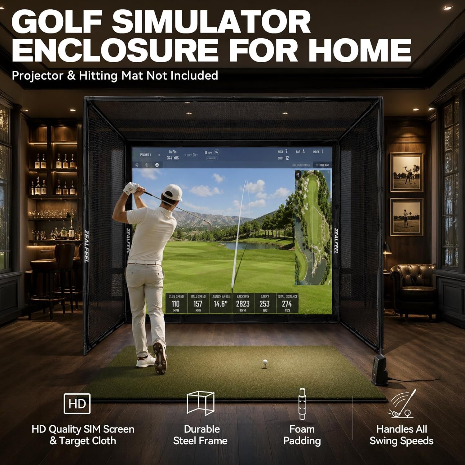 Golf Simulator Enclosure, 10X8Ft Golf Hitting Net Cage with HD Impact Screen & Foam Padding, Indoor Golf Practice Net for Home Garage