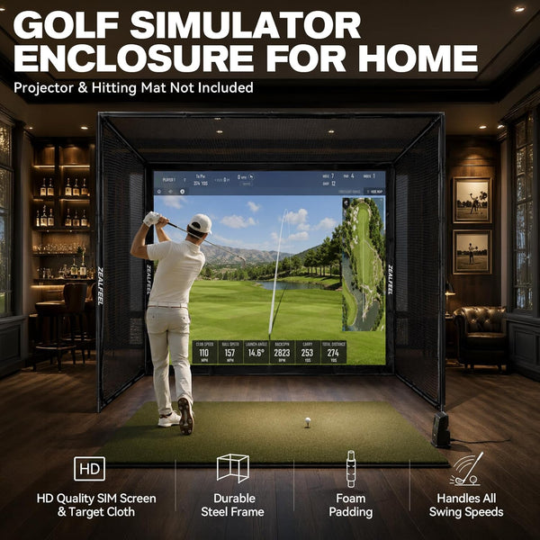 Golf Simulator Enclosure, 10X8Ft Golf Hitting Net Cage with HD Impact Screen & Foam Padding, Indoor Golf Practice Net for Home Garage
