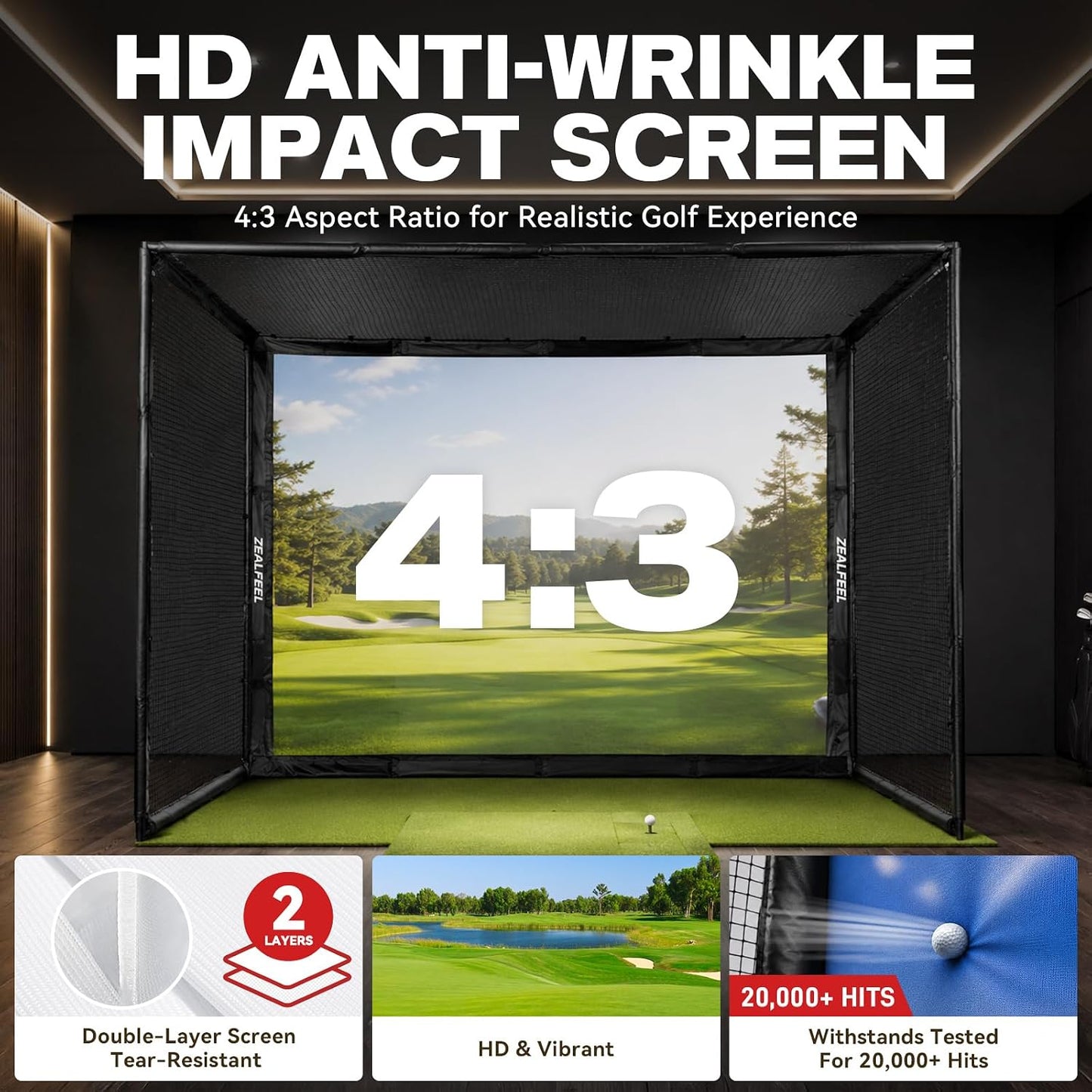 Golf Simulator Enclosure, 10X8Ft Golf Hitting Net Cage with HD Impact Screen & Foam Padding, Indoor Golf Practice Net for Home Garage