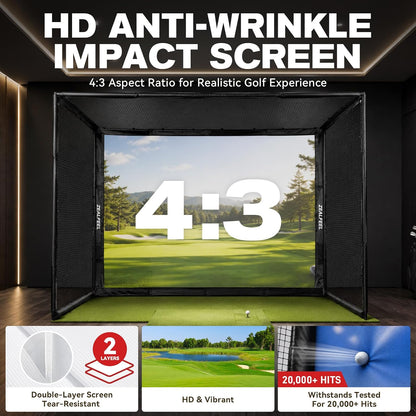 Golf Simulator Enclosure, 10X8Ft Golf Hitting Net Cage with HD Impact Screen & Foam Padding, Indoor Golf Practice Net for Home Garage