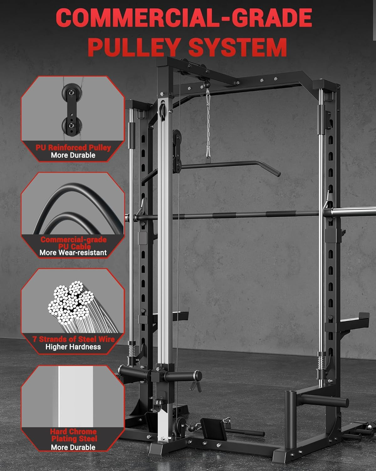 Smith Machine Home Gym with Barbell Bar, Cable System, LAT Pulldown Attachments, Safety Spotter Arms, J Hooks, Landmine, Multi-Functional Squat Rack for Full Body Strength Training