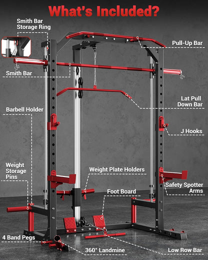 Smith Machine Home Gym with Barbell Bar, Cable System, LAT Pulldown Attachments, Safety Spotter Arms, J Hooks, Landmine, Multi-Functional Squat Rack for Full Body Strength Training