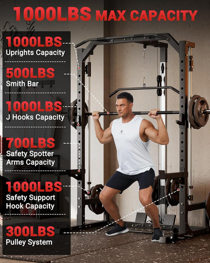 Smith Machine Home Gym with Barbell Bar, Cable System, LAT Pulldown Attachments, Safety Spotter Arms, J Hooks, Landmine, Multi-Functional Squat Rack for Full Body Strength Training