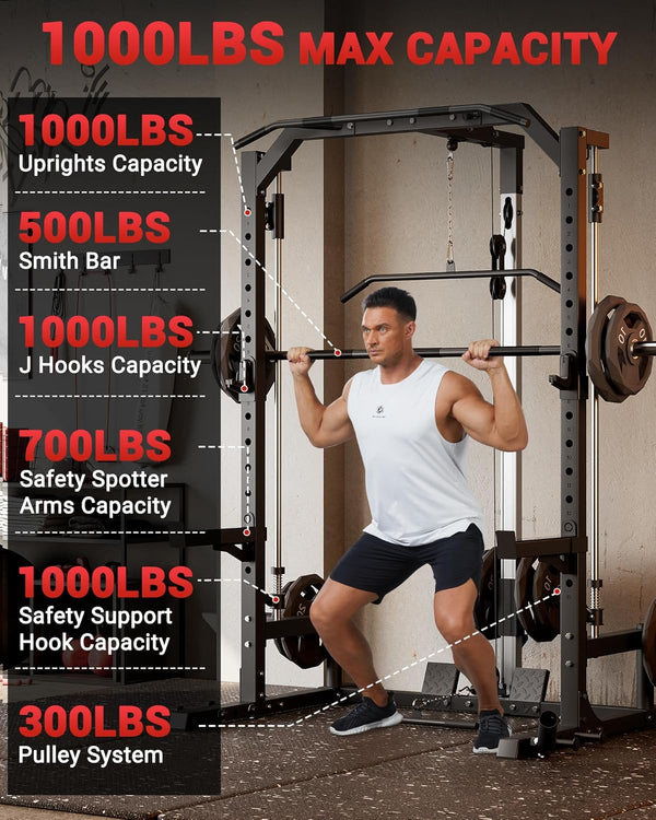 Smith Machine Home Gym with Barbell Bar, Cable System, LAT Pulldown Attachments, Safety Spotter Arms, J Hooks, Landmine, Multi-Functional Squat Rack for Full Body Strength Training