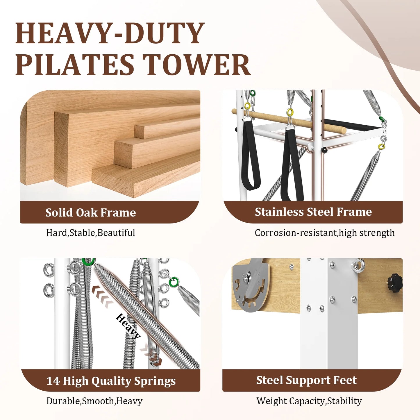 Pilates Reformer, Wooden Pilates Reformer Machine with Tower & Mat, Pilates Equipment for Home Workout and Studio, with Reformer Accessories, Sitting Box, Jump Board