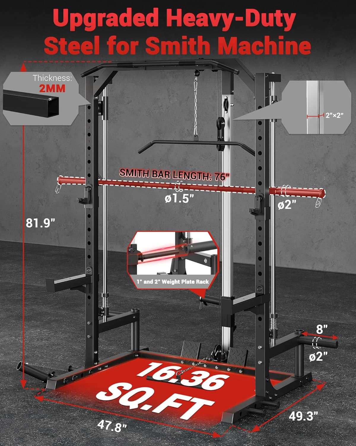 Smith Machine Home Gym with Barbell Bar, Cable System, LAT Pulldown Attachments, Safety Spotter Arms, J Hooks, Landmine, Multi-Functional Squat Rack for Full Body Strength Training