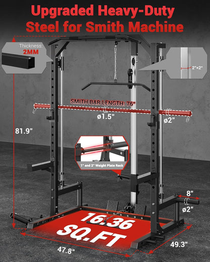 Smith Machine Home Gym with Barbell Bar, Cable System, LAT Pulldown Attachments, Safety Spotter Arms, J Hooks, Landmine, Multi-Functional Squat Rack for Full Body Strength Training