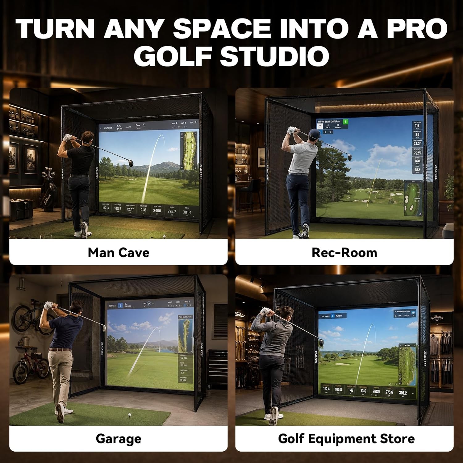 Golf Simulator Enclosure, 10X8Ft Golf Hitting Net Cage with HD Impact Screen & Foam Padding, Indoor Golf Practice Net for Home Garage